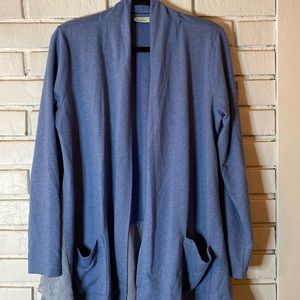 LOGO Lori Goldstein blue open front cardigan Swiss dot detail